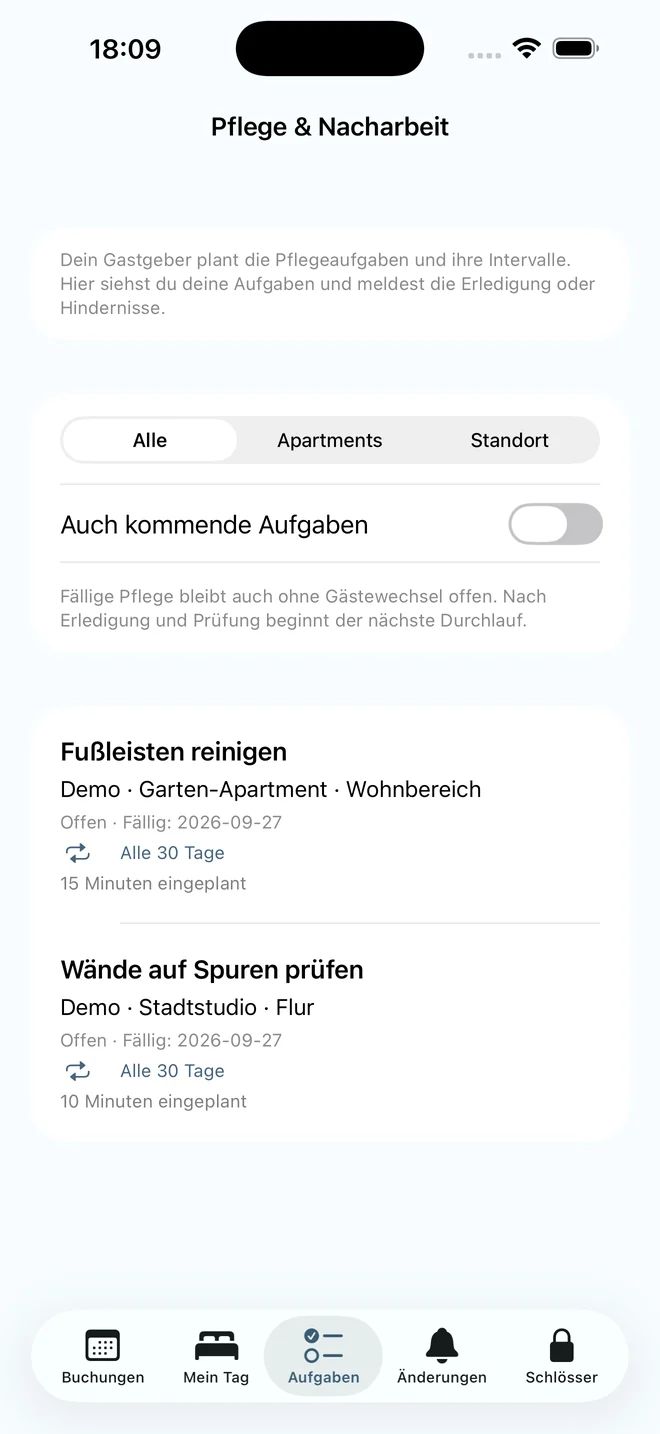 Pflege & Nacharbeit: fällige Aufgaben je Apartment
